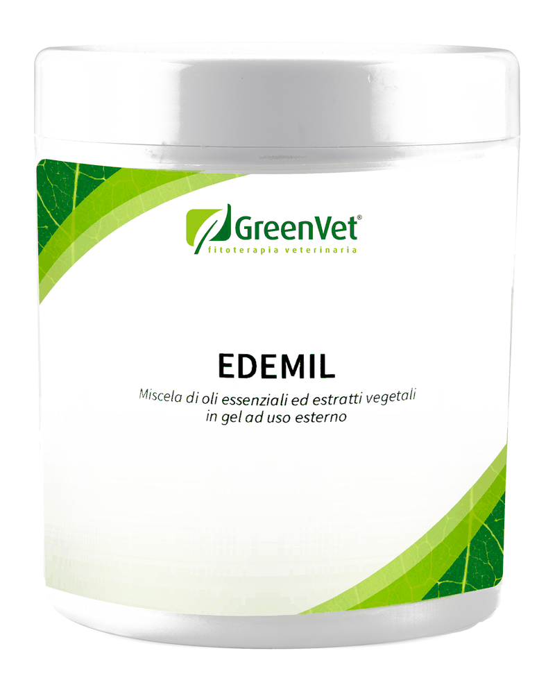 Barattolo di EDEMIL di GreenVet, gel a uso esterno con oli essenziali ed estratti vegetali
